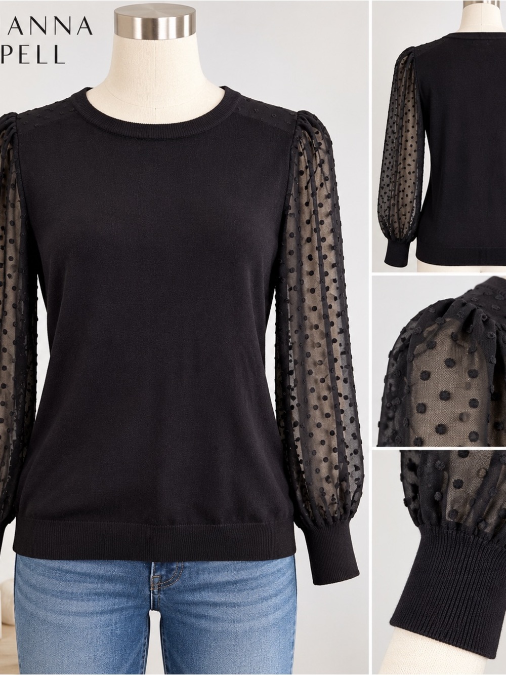 Adrianna Papell Women’s M Black Sweater Sheer Swiss Dot Puff Sleeve Top